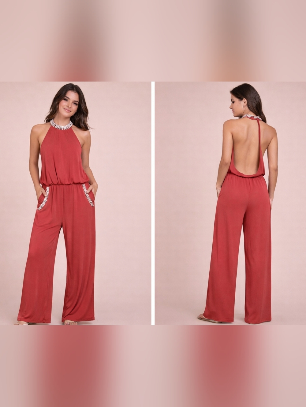 Venus Halter Jumpsuit Womens 8 Coral Pearl Trim Wide Leg Evening Party Romper